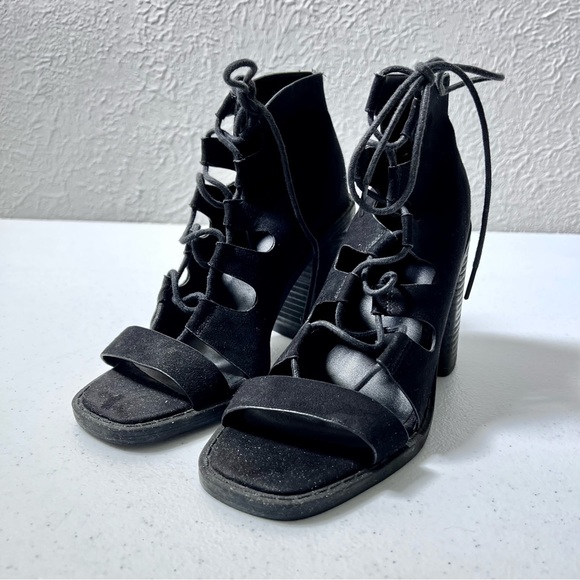 ASOS Black Faux Suede Lace Up Peep Toe Block Heels Size 6 - Picture 1 of 14